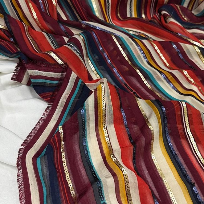 Ethnic Fashion Designers - Colorful Striped Embroidered Sequin Fabric Ethnic