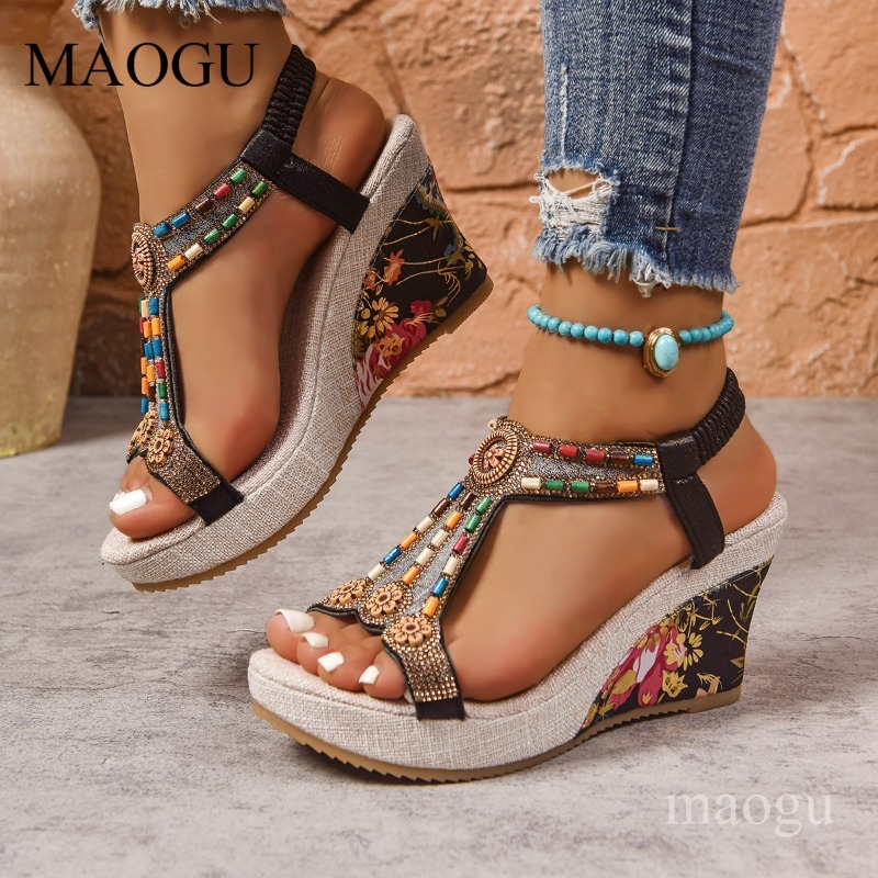 Boho Beaded Floral Wedge Sanda - Ethnic Fashion For Women ulasan dan harga
