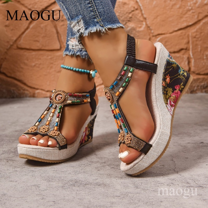 Boho Beaded Floral Wedge Sanda - Ethnic Fashion For Women ulasan dan harga