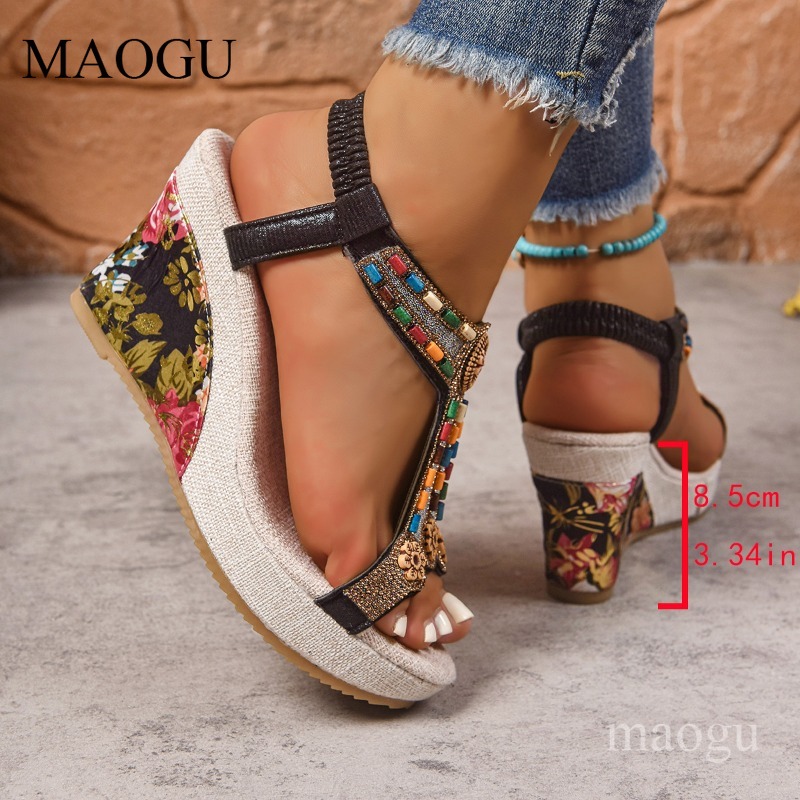 Boho Beaded Floral Wedge Sanda - Ethnic Fashion For Women ulasan dan harga